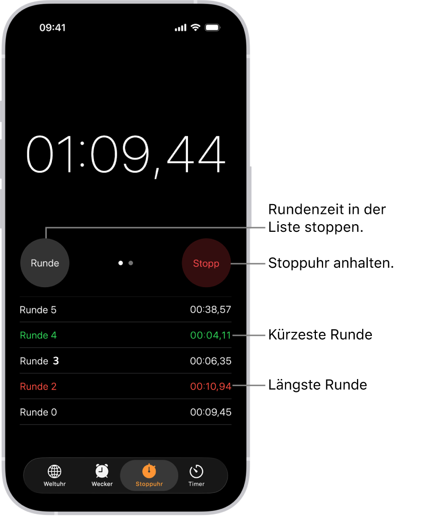 Zeit mit der Stoppuhr in der App „Uhr“ auf dem iPhone messen