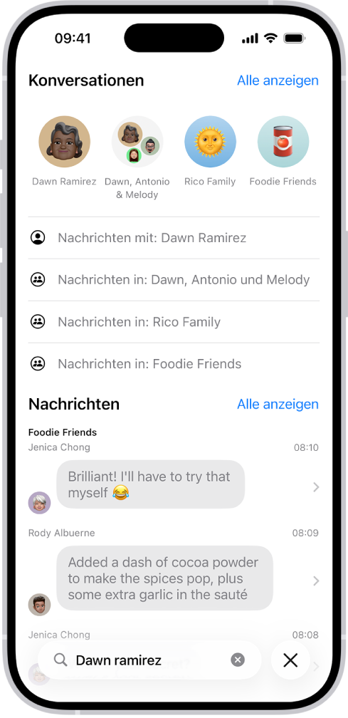 Unten auf dem Bildschirm wird das Suchfeld in der App „Nachrichten“ angezeigt. Das Suchfeld enthält den Namen einer Person und mehrere zur Suche passenden Optionen werden darüber angezeigt.