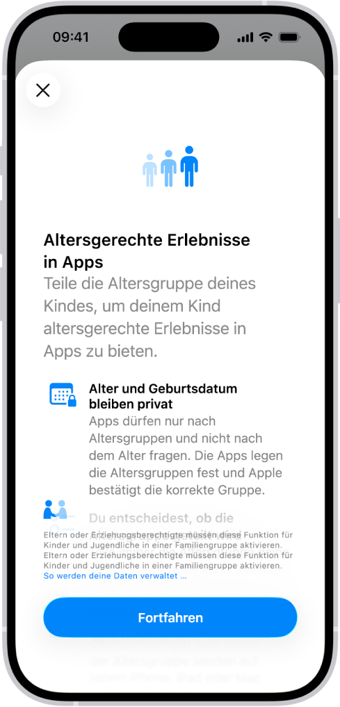 Der Bildschirm „Altersgerechte Erlebnisse in Apps“ in „Einstellungen“ erklärt, wie Kindern dabei geholfen wird, altersgerechte App-Erlebnisse zu erhalten, indem ihre Altersgruppe geteilt wird.