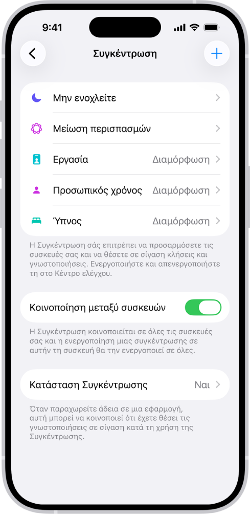 Μια οθόνη που δείχνει πέντε παρεχόμενες επιλογές Συγκέντρωσης: Μην ενοχλείτε, Αποτροπή μηνυμάτων κατά τη διάρκεια κλήσεων, Ύπνος, Προσωπικός χρόνος, και Εργασία. Η επιλογή «Κοινοποίηση μεταξύ συσκευών» είναι ενεργοποιημένη, γεγονός που επιτρέπει τη χρήση των ίδιων ρυθμίσεων Συγκέντρωσης σε όλες τις συσκευές Apple σας.