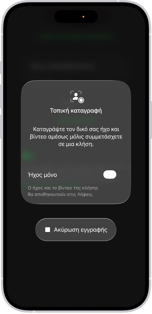 Η οθόνη για την έναρξη μιας τοπικής καταγραφής ήχου και εικόνας μιας βιντεοδιάσκεψης από τη δική σας πλευρά.