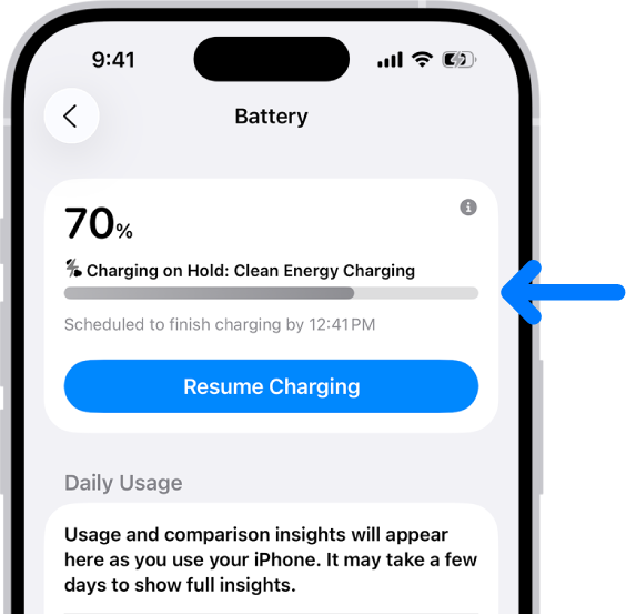 The charging information card in iPhone Battery settings. The card shows the battery at 70% with the message “Charging on Hold: Clean Energy Charging.” It is scheduled to finish by 12:41 PM, with an option to “Resume Charging.”