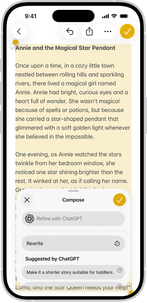 An iPhone showing a story being written in the Notes app. At the bottom of the screen is the Compose with Writing Tools dialog that includes options to refine with ChatGPT, rewrite, choose ChatGPT suggestions, and more.