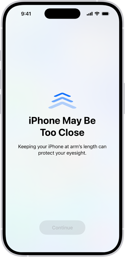 A screen warning that you’re holding the iPhone too close and that you should move it farther away to protect your vision health. The warning covers the screen, stopping you from continuing. There’s a Continue button that becomes active when you’ve moved your iPhone a safe distance away.