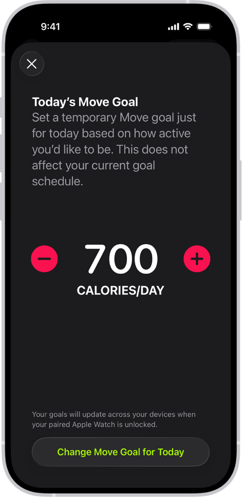 The Fitness Move Goal Schedule screen showing buttons to increase or decrease the Move goal by the day of the week.