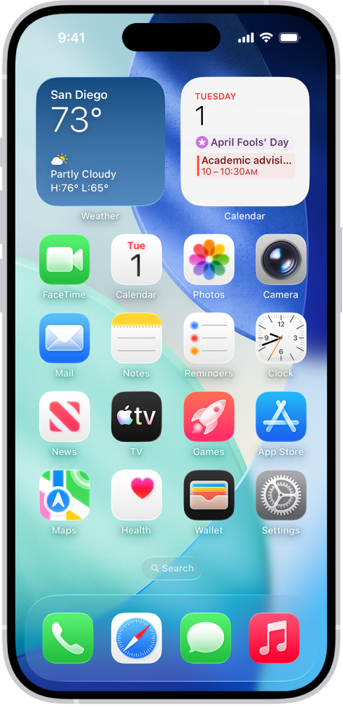 The Home Screen with several app icons, including the Settings app icon, which you can tap to change your iPhone sound volume, screen brightness, and more.