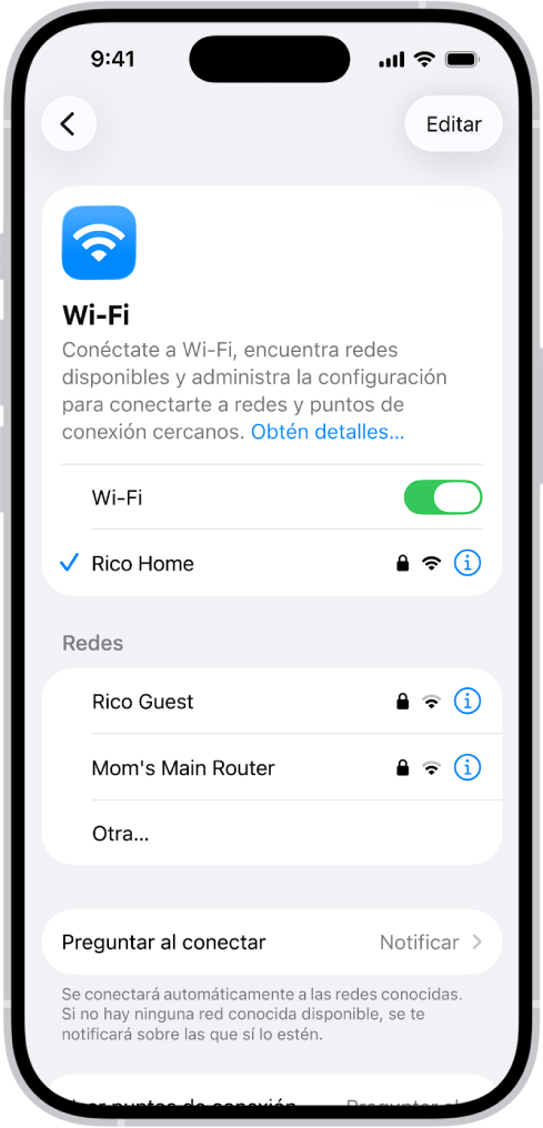 La pantalla de opciones de Wi-Fi en Configuración. La red Wi-Fi está activada y hay una red seleccionada.