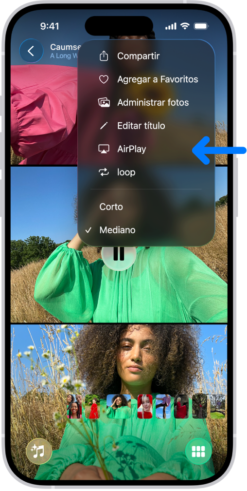 Se muestra una presentación reproduciéndose en la app Fotos en el iPhone. En la parte superior derecha de la pantalla hay un menú desplegable con una opción para seleccionar AirPlay.