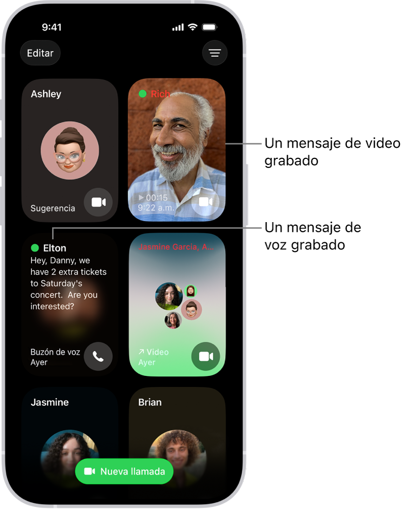 El historial de FaceTime mostrando un contacto sugerido, un mensaje de video grabado, un mensaje del buzón de voz y una llamada de video grupal de FaceTime.