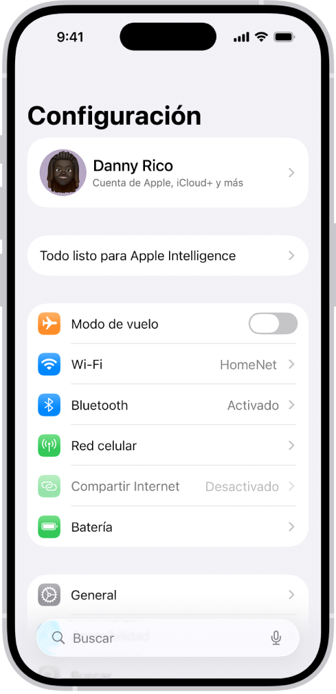 La pantalla de Configuración con el campo de búsqueda en la parte superior y varias configuraciones debajo, como Wi-Fi, Notificaciones y Sonidos y vibración.