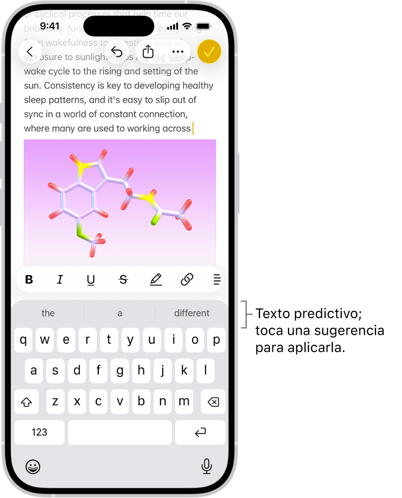 En la app Mensajes, el teclado en pantalla está abierto. Se ingresa texto en el campo de búsqueda y, arriba del teclado, aparecen sugerencias de texto predictivo para la siguiente palabra.