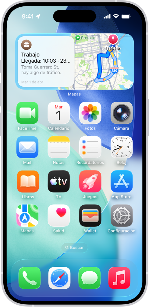El widget de Mapas, otros widgets, e íconos de otras apps en la pantalla de inicio de un iPhone.