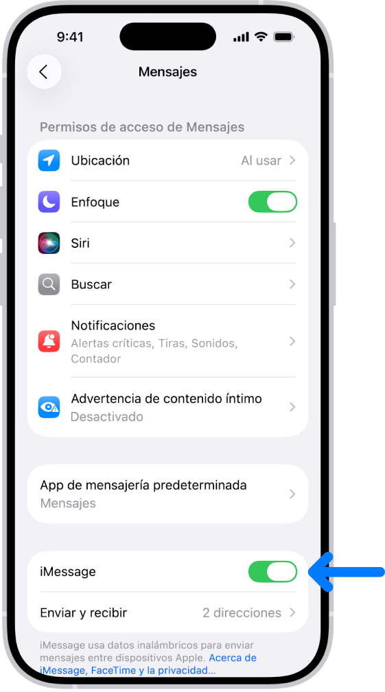 El panel de configuración de Mensajes con la opción iMessage activada.
