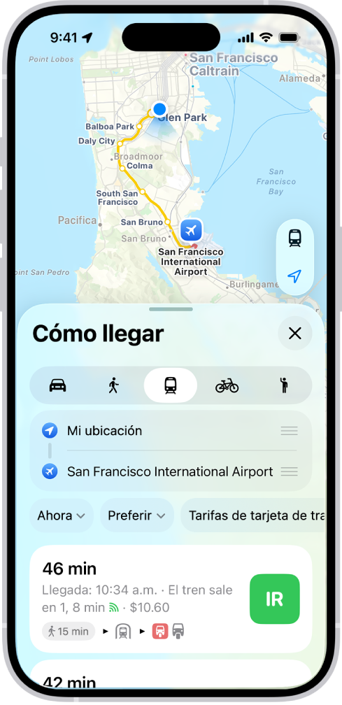 Un mapa mostrando una ruta en transporte público. La tarjeta de ruta de la parte inferior ofrece detalles de las rutas, incluyendo la duración estimada del trayecto y el costo total. El botón Ir está a la derecha de los detalles.