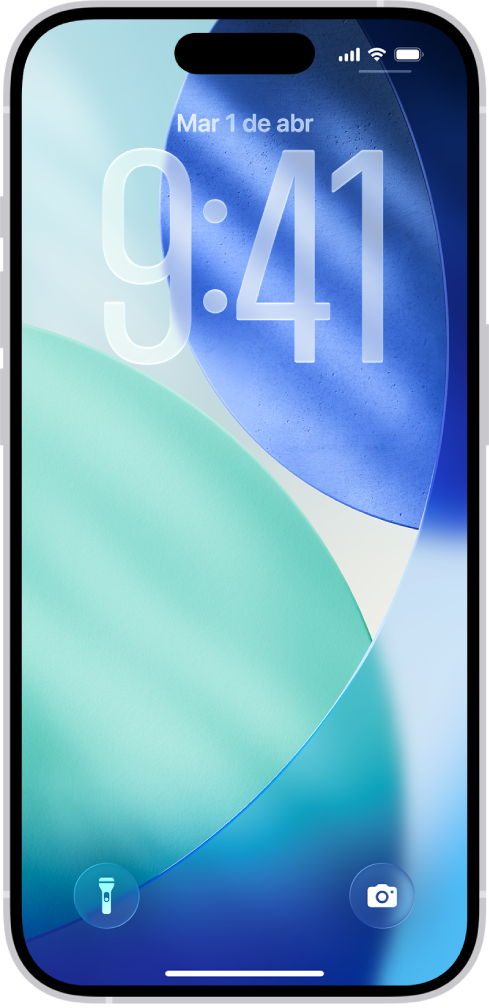 La pantalla bloqueada del iPhone muestra la hora y la fecha cerca de la parte superior y los íconos de Linterna y Cámara cerca de la parte inferior.