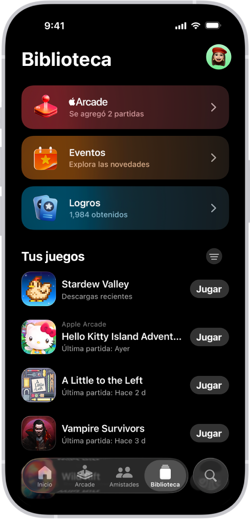 La app Apple Games muestra la pestaña Biblioteca, con secciones para Apple Arcade, los eventos de los juegos y los logros, así como una lista desplazable de los títulos jugados y descargados recientemente.