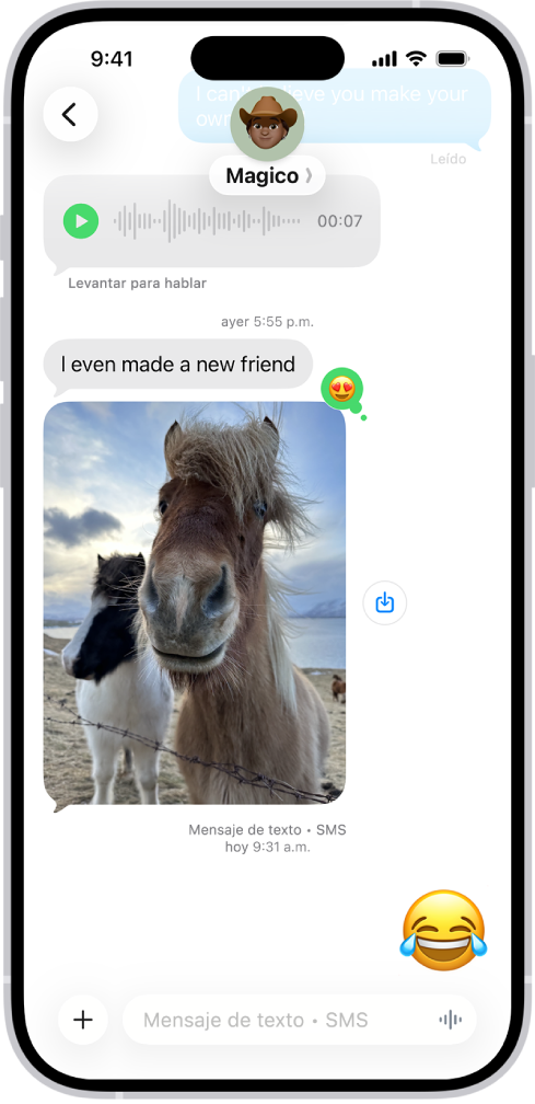 Una conversación en la app Mensajes. Los globos de mensaje son de color verde, lo cual indica que la otra persona no usa iMessage.