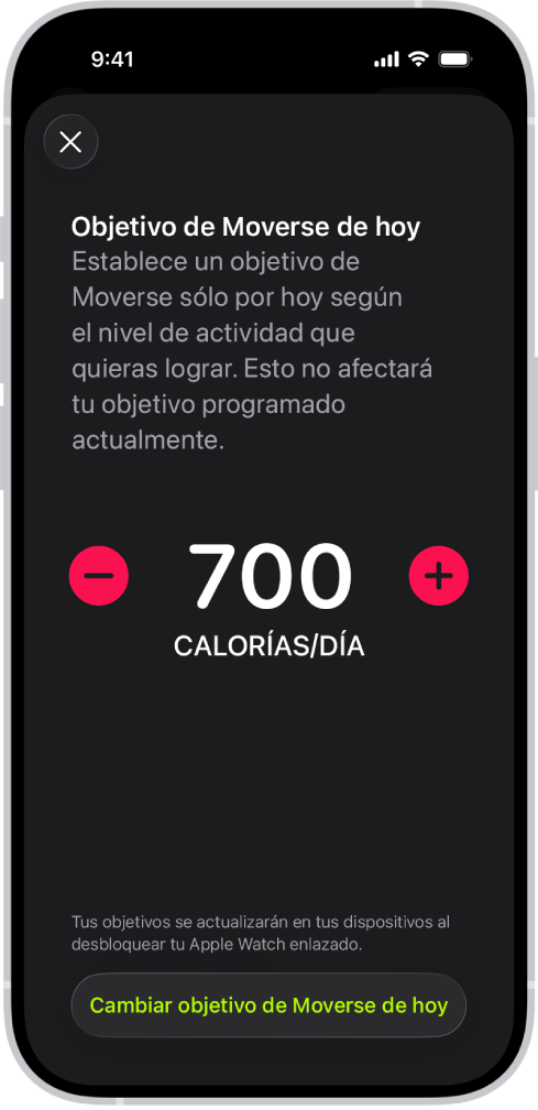 La pantalla de Programa del objetivo de Moverse en Fitness que muestra botones para aumentar o disminuir el objetivo de Moverse según el día de la semana.