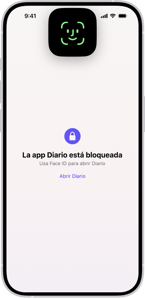 Una pantalla en la app Diario en la que se solicita usar Face ID para desbloquear el diario.