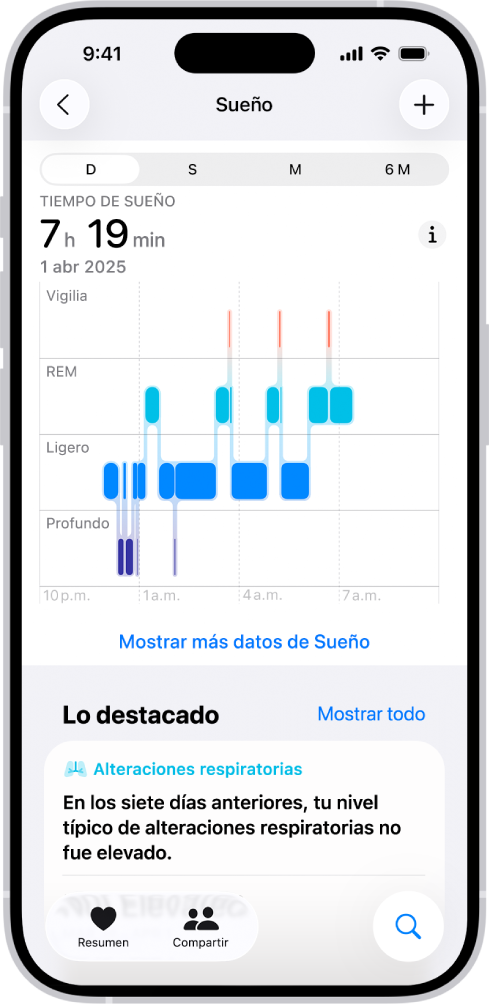 La pantalla Sueño en Salud mostrando el tiempo estimado que se pasa despierto y en las fases de sueño REM, Ligero y Profundo.