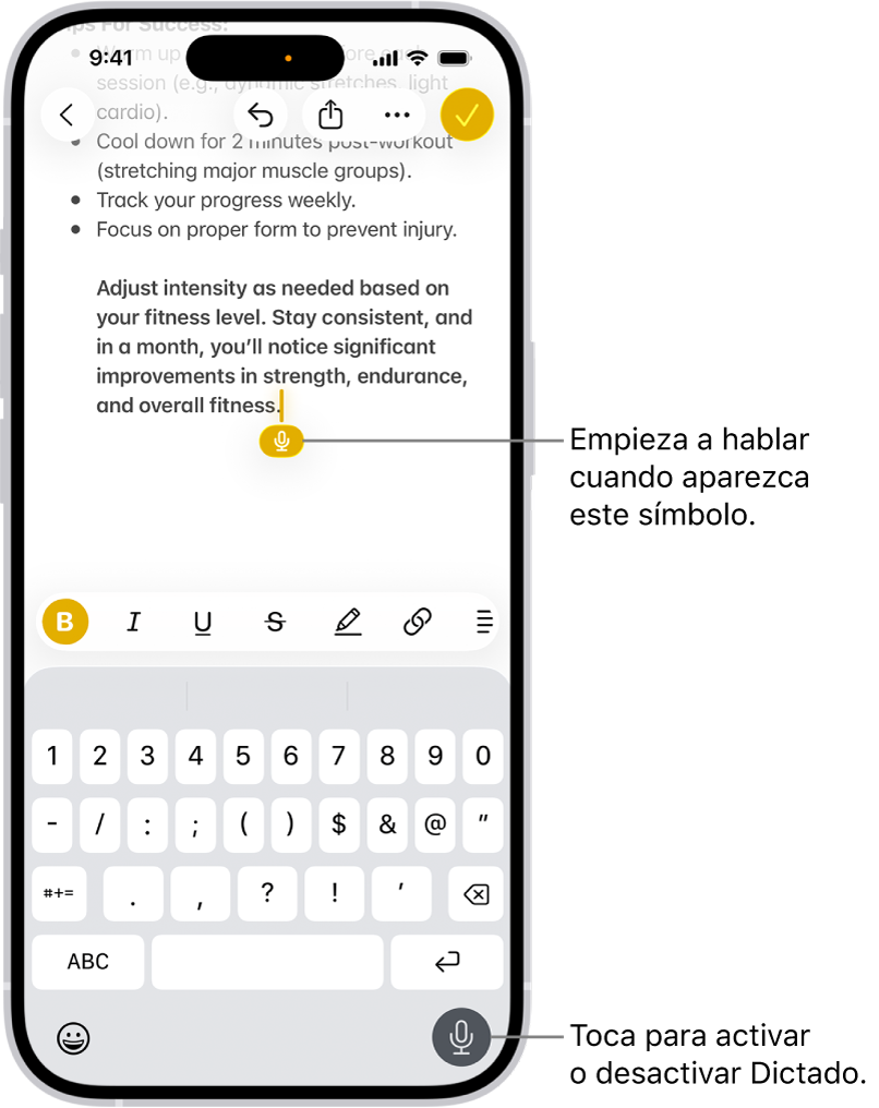 En la app Mail, el teclado en pantalla está abierto. Se selecciona el botón Dictado en la esquina inferior derecha de la pantalla y, debajo del punto de inserción en el campo de búsqueda, aparece el botón Dictado.