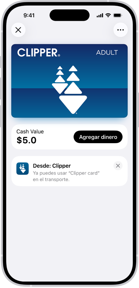 Una tarjeta de transporte público en la app Wallet que meustra el saldo de la cuenta y el botón Agregar dinero.