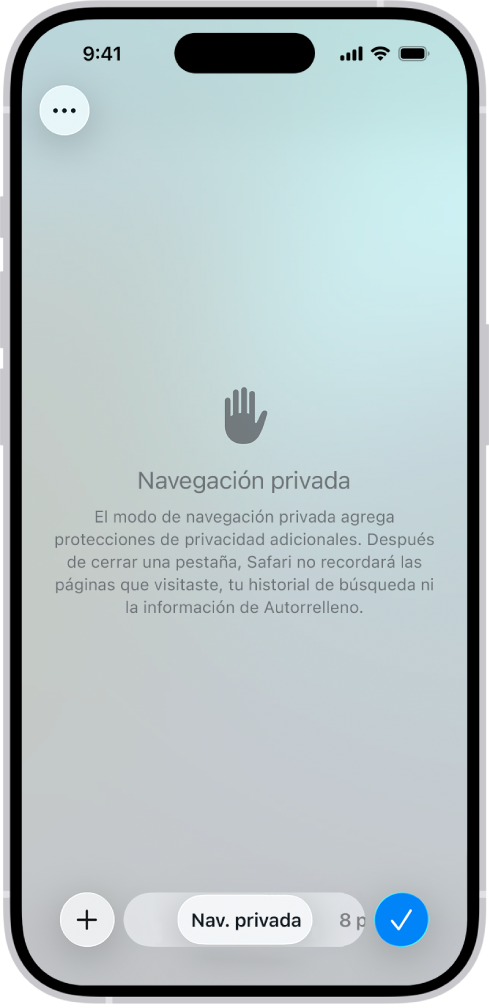 La app Safari muestra la pantalla de navegación privada. La palabra Privado aparece en el campo situado en la parte inferior de la pantalla.
