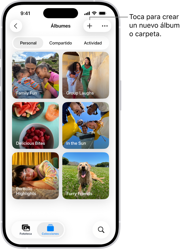 La colección Álbumes en la app Fotos. En la pantalla se muestra una cuadrícula de álbumes. En la parte superior de la pantalla, de izquierda a derecha, se encuentran los botones Atrás, Nuevo álbum y Más. Debajo hay botones para ver álbumes por Personal, Compartido o Actividad. En la parte inferior de la pantalla, de izquierda a derecha, se encuentran los botones Fototeca, Colecciones y Buscar.