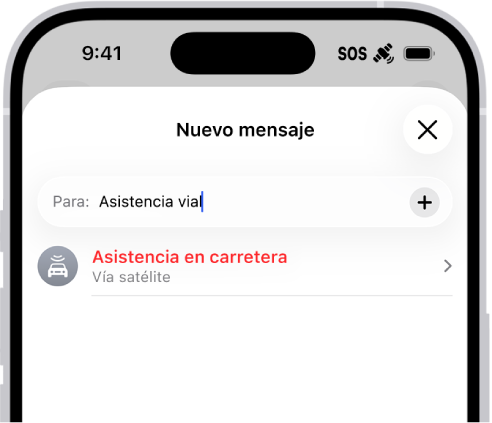 Un mensaje nuevo dirigido a “asistencia en carretera”. Debajo hay un enlace para la Asistencia en carretera por satélite.