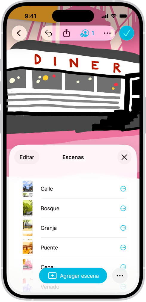 Un pizarrón de Freeform con el navegador de escenas abierto y varias escenas guardadas.
