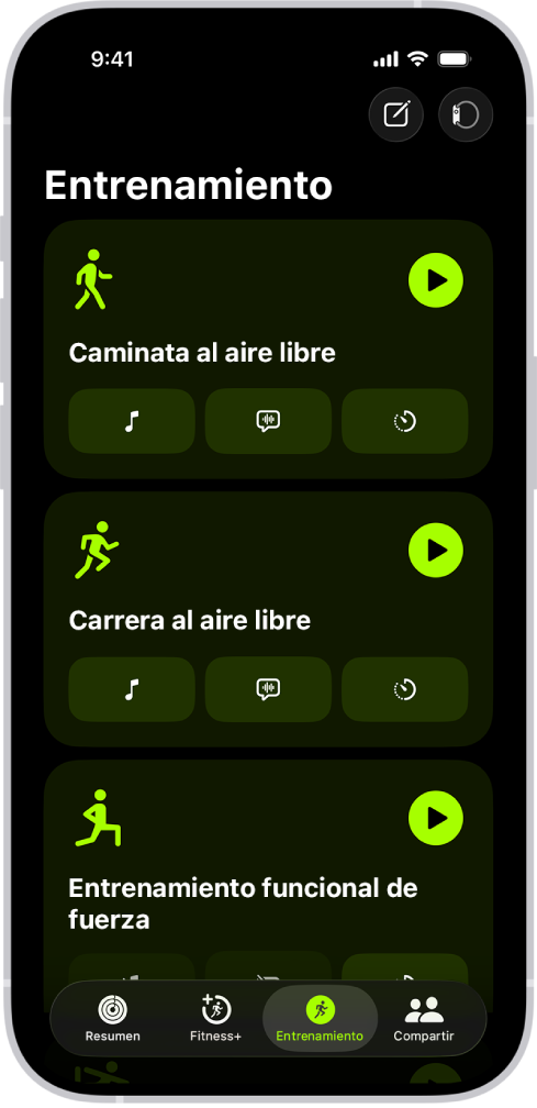 La pantalla de entrenamiento de Fitness mostrando tres entrenamientos.