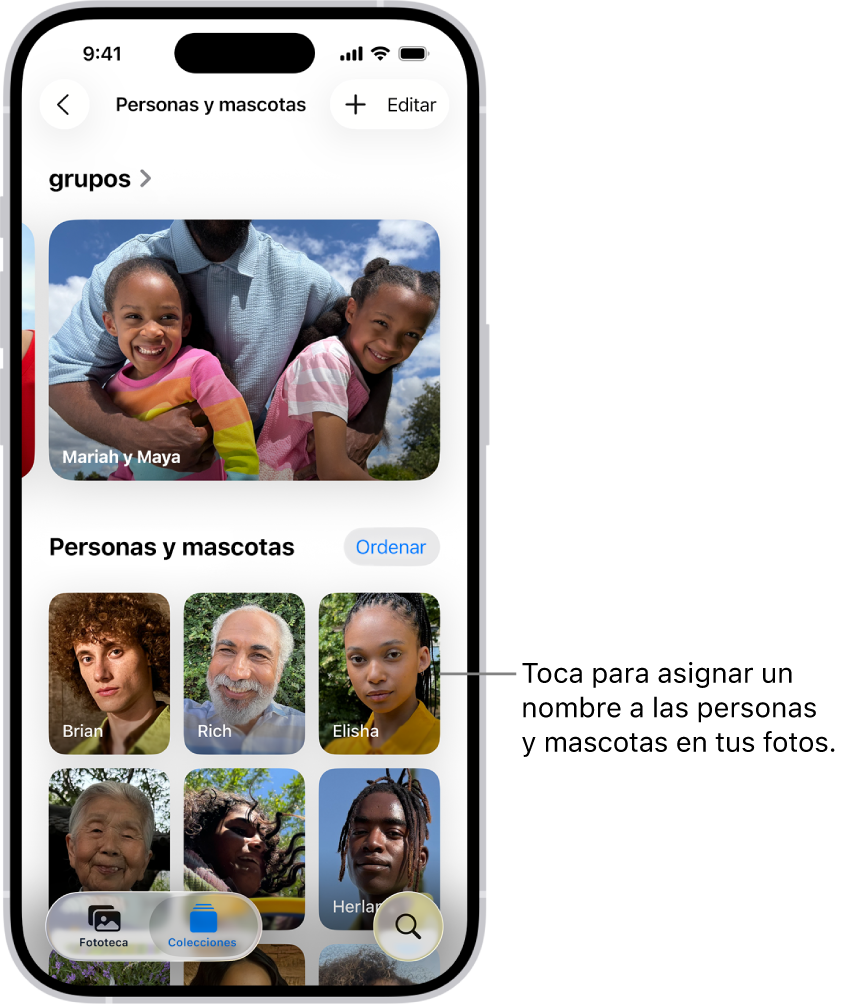 La colección Personas y mascotas en la app Fotos. Los grupos aparecen en la parte superior y las personas y las mascotas aparecen debajo.
