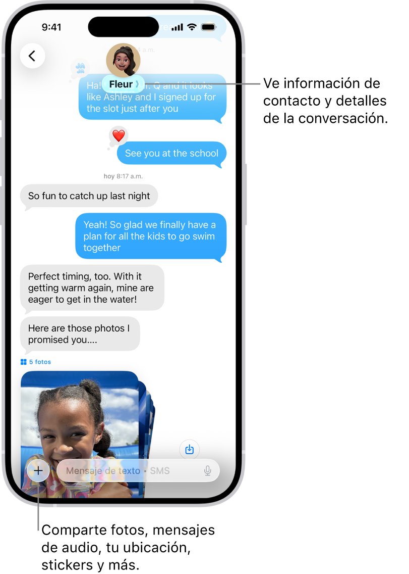 Una conversación de Mensajes. El nombre de la persona a la que envías mensajes se muestra en la parte superior de la pantalla. Puedes tocar su nombre para consultar los detalles de la conversación. El botón Agregar está en la esquina inferior izquierda.