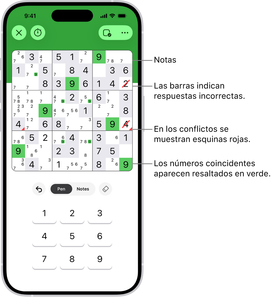 Sudoku con varias funciones activadas: Notes, “Highlight Matching Numbers”, “Show Conflicts” y Autocheck.