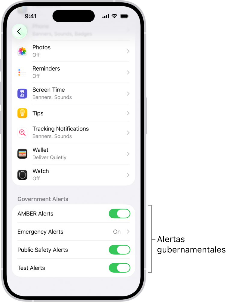 Pantalla Notificaciones con las alertas gubernamentales que puedes activar para recibirlas.