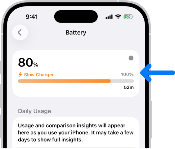 Laadimisteabe kaart iPhone’i Battery-seadetes. Kaardil kuvatakse aku laetuse taset 80% ning infot, et see on ühendatud „Slow Chargeriga”. Edenemisriba ennustab, et 100%-ni jõudmiseks kulub 52 minutit.