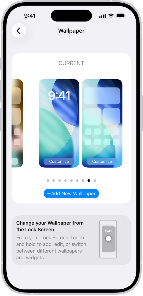 Kuva Wallpaper Settings koos nuppudega praeguse Home Screen-kuva ja Lock Screen-kuva taustapildi kohandamiseks ning nupuga Add New Wallpaper taustapildi muutmiseks.