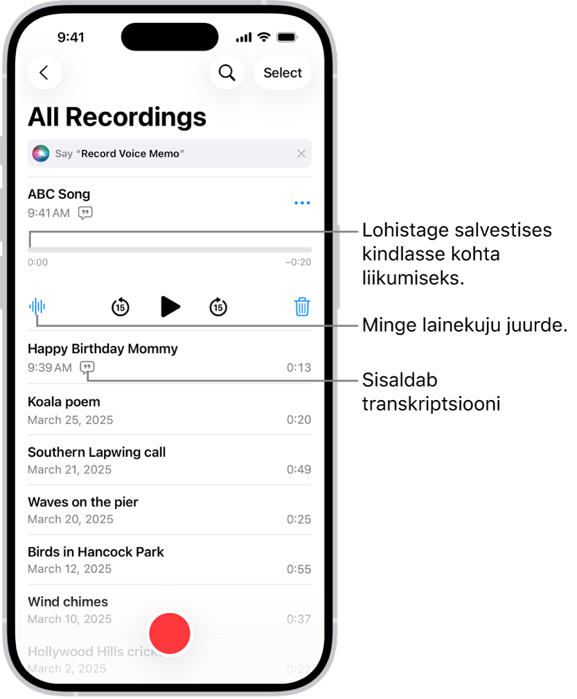 Rakenduse Voice Memos loend, mille ülaosas on valitud salvestis. Salvestamise ajajoonel on esituskursor, mida on võimalik lohistada salvestises soovitud kohta. Ajajoone all on taasesituse juhtnupud.