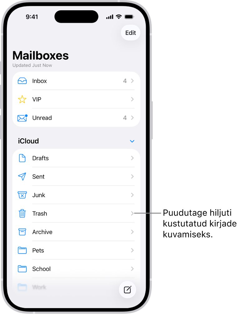 Jaotise Mailboxes kuva. iCloudi all on postkastid ülevalt alla kuvatud loendis, sh postkast Trash. Puudutage seda hiljuti kustutatud e-kirjade kuvamiseks.