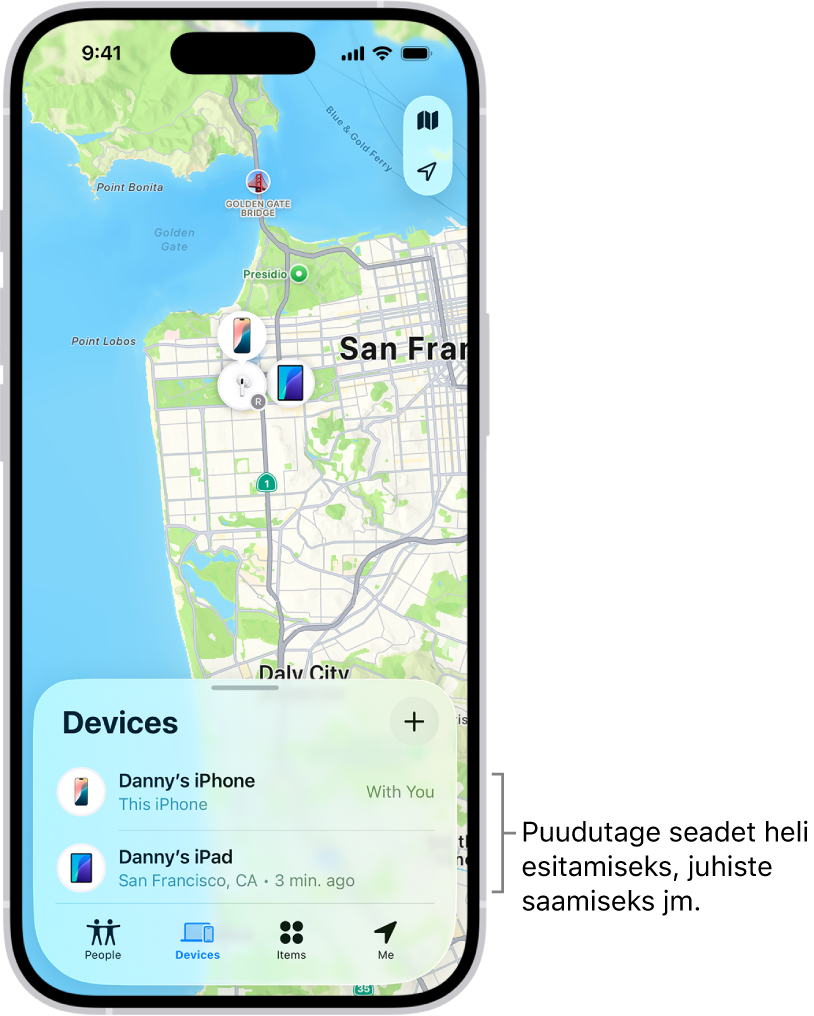Kuvas Find My on avatud loend Devices. Loendis Devices on kaks seadet: Danny’s iPhone ja Danny’s iPad. Nende asukohti kuvatakse kaardil.
