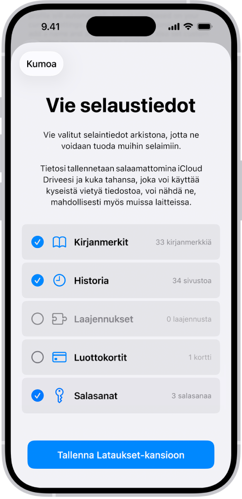 Vie selaustiedot -näyttö, jossa näkyvät tiedot, jotka voidaan viedä Safarista toiseen selaimeen.