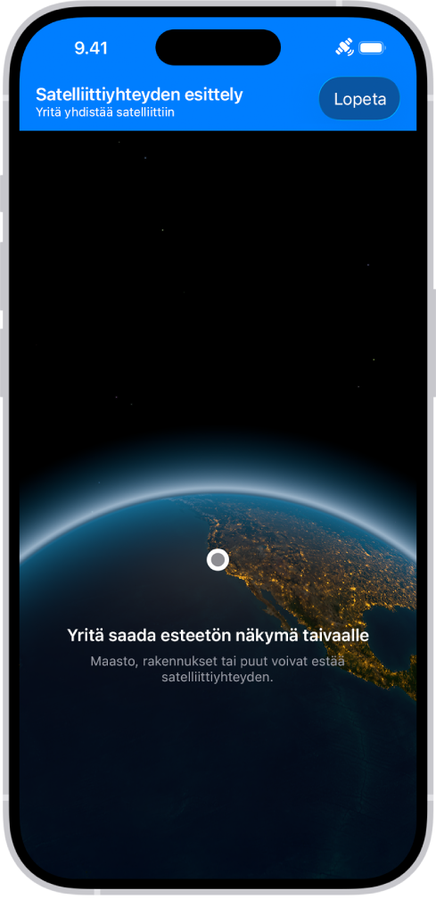 Asetukset-apissa saatavilla oleva satelliittiyhteyden esittely tarjoaa esikatselun siitä, mitä Viestit-apissa näkyy, kun avaat sen iPhone 14:llä tai uudemmalla etkä ole mobiili- tai Wi-Fi-verkon kantaman alueella.