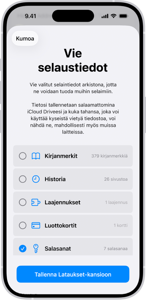 Vie selaustiedot -näyttö, jossa on valittuna Salasanat-vaihtoehto toiseen salasanojen hallintatyökaluun viemistä varten.