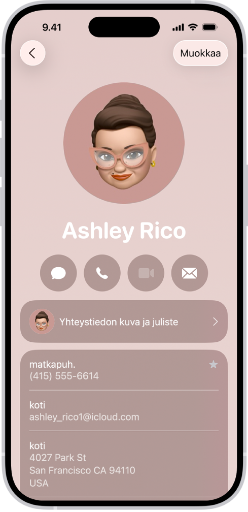 Yhteystietokortti Yhteystiedot-apissa.