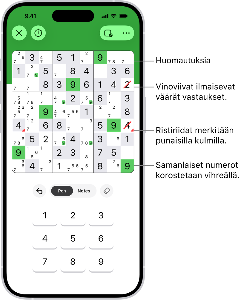 Sudoku, jossa on käytössä useita ominaisuuksia: Notes, Highlight Matching Numbers, Show Conflicts ja Autocheck.