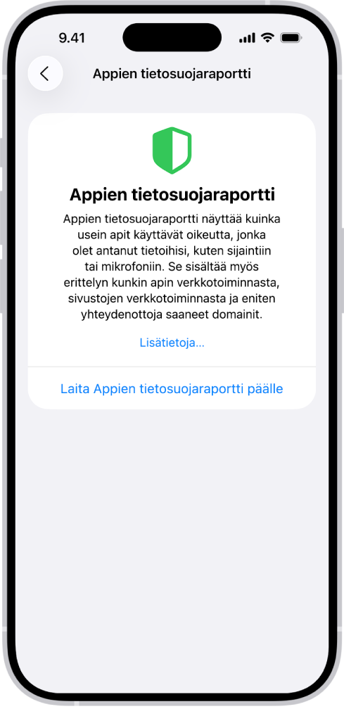 Appien tietosuojaraportissa on luetteloituna Tietojen ja tunnistimien käyttö -kategorian appeja sekä tietoja Appien verkkotoiminta -kategorian apeista.