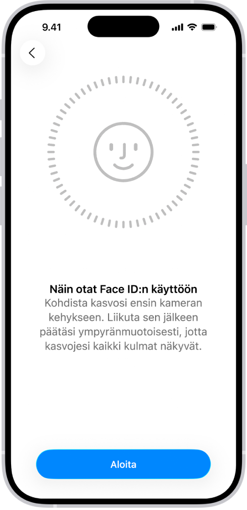 Face ID ‑tunnistuksen käyttöönottonäyttö. Näytöllä näkyvät kasvot, jotka ovat ympyrän sisällä. Kasvojen alapuolella oleva teksti neuvoo käyttäjää liikuttamaan päätä hitaasti ympyränmuotoisesti.