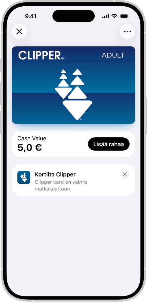 Matkakortti Lompakko-apissa. Kortin alla näkyy saldo ja sen vieressä Lisää rahaa -painike.