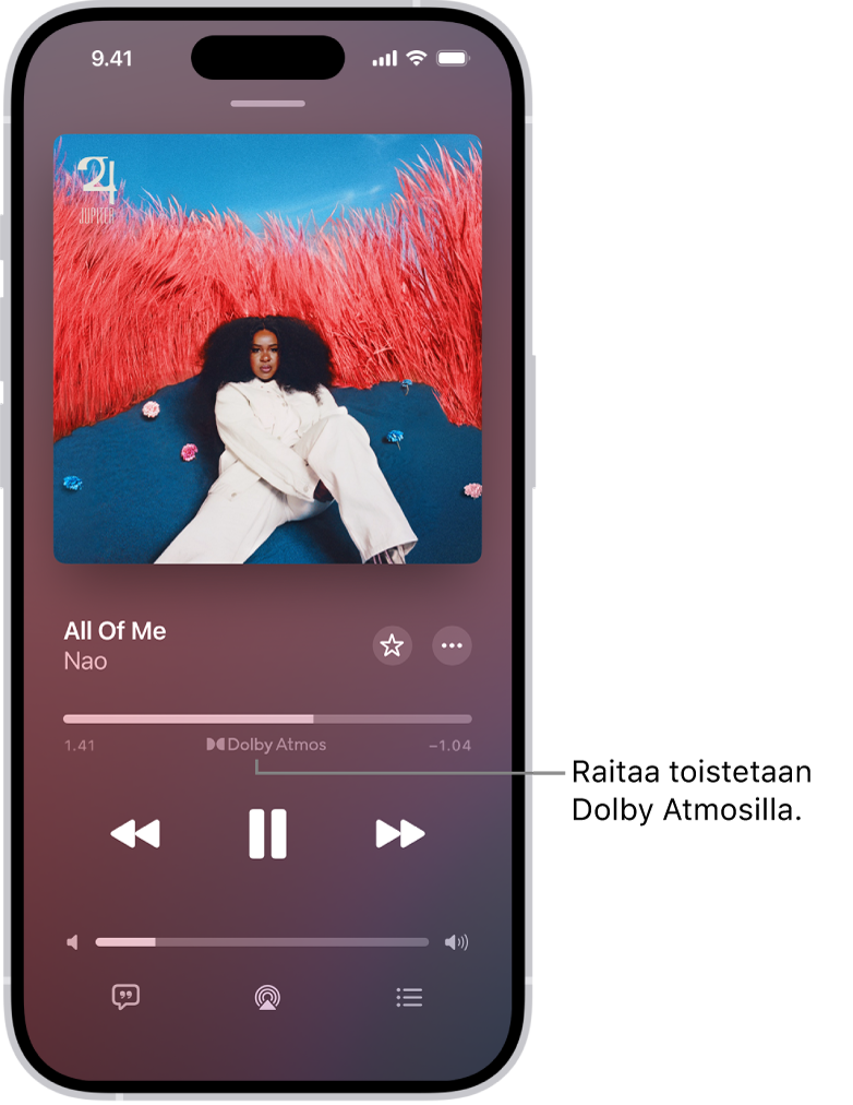 Toistossa nyt ‑näkymässä näkyy Dolby Atmos -kuvake toistettavalle kappaleelle.