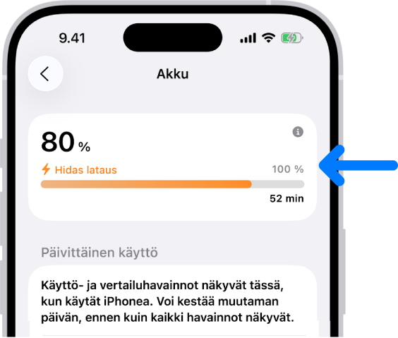 Lataustietokortti iPhonen Akku-asetuksissa. Kortti näyttää, että akun varaus on 80 % ja että akku on liitetty hitaaseen lataukseen. Edistymispalkin arvio näyttää, että 100 prosentin lataus saavutetaan 52 minuutissa.